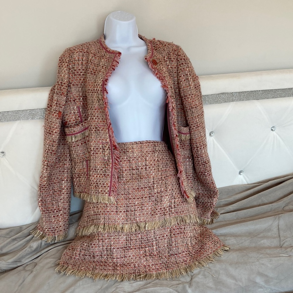 PHILIPPE ADEC Tweed Jacket & Skirt with Fringe-Pink/Lavender/Cream Size 8 US
